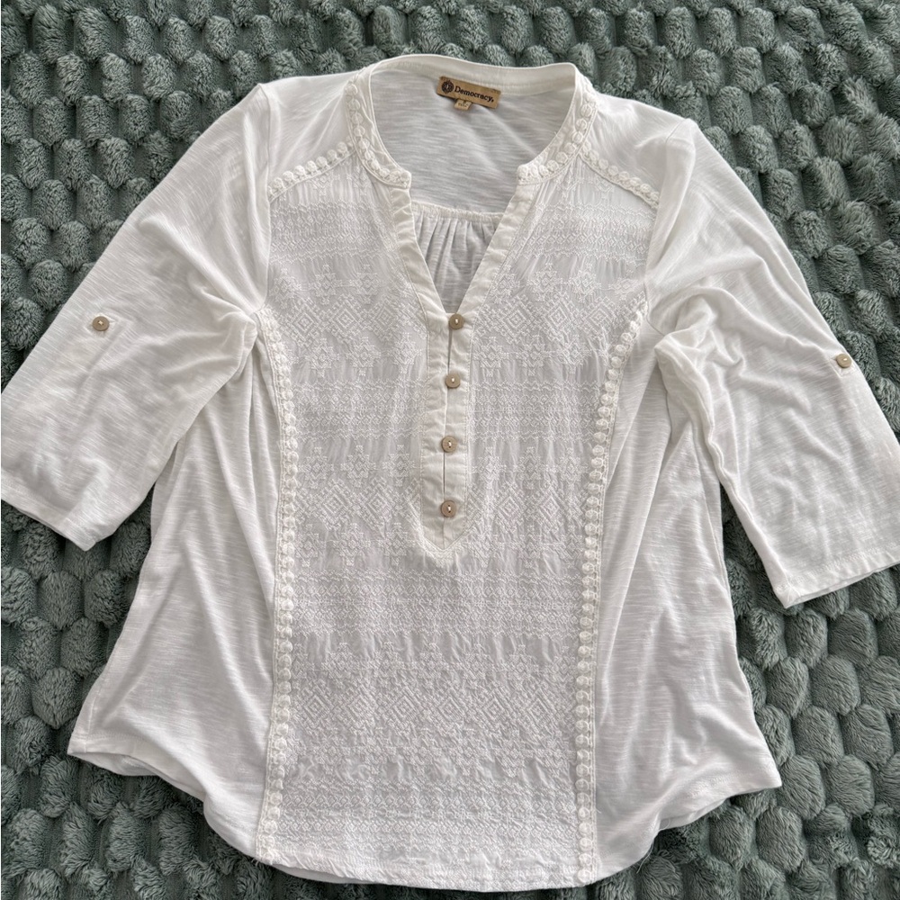 Democracy White Embroidered Henley Tunic